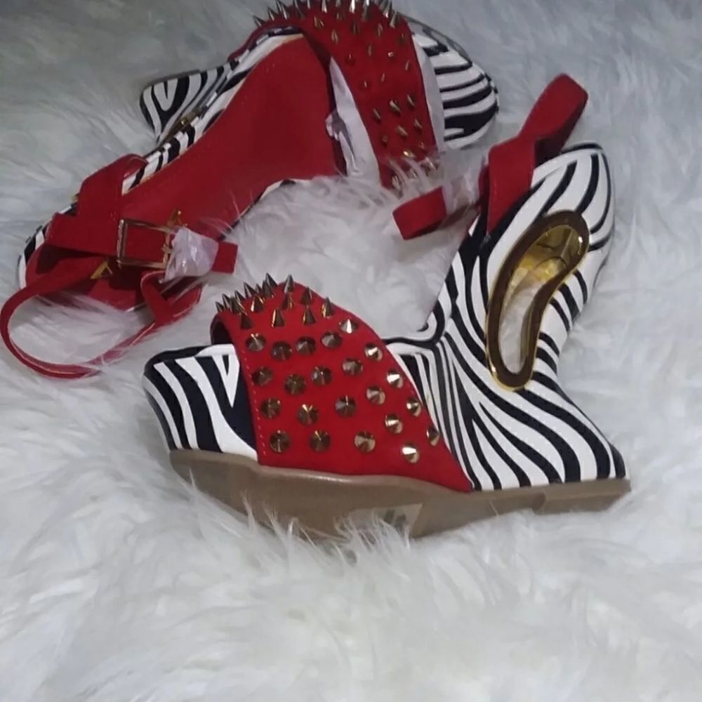 Red black white zebra spike wedge heels